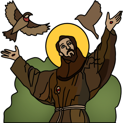 Saint Francis in atched brown Franciscan habit, hands up, halo and stigmata. two sparrows above him. green plants behind him